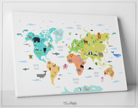 Animal World Map, Wild Animal Map, Canvas Print, Kids World Map, For Kids, Nursery Decor, Wall Art, Animal Print, World Map Animal-1643 - CocoMilla