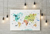 Animal World Map, Wild Animal Map, Canvas Print, Kids World Map, For Kids, Nursery Decor, Wall Art, Animal Print, World Map Animal-1643 - CocoMilla