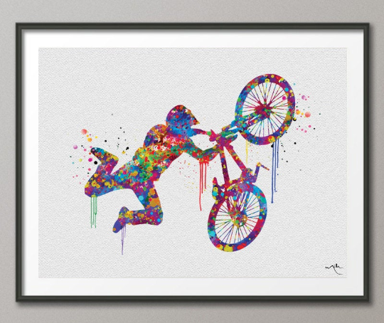 Bike Watercolor Print Dirt Bike Mountain Biker Poster BMX Biking Stunt Racing Bike Extreme Sport Print Acrobatic Bike Sports Wall Art-1177 - CocoMilla