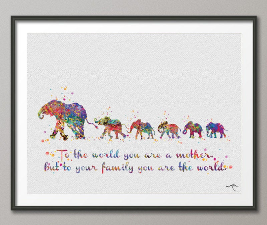 Elephant Family Mom and Five Baby Watercolor Print Quote Art Print Wedding Gift Family Print Wall Art Home Decor Wall Decor Wall Prints-1180 - CocoMilla