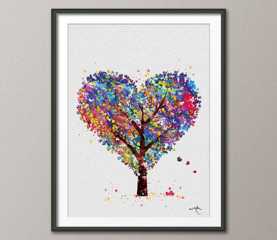 Heart Tree Watercolor Print Wedding Gift Archival Fine Art Print Wall Decor Art Nursery Art Decor Wall Hanging Love Valentines Day [NO 456] - CocoMilla