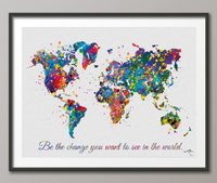 Watercolor WORLD Map Be the change Quote Art Print Travel Art Wall Wedding Gift Poster Travel Art Wall Decor Art Home Decor Wall Hanging-587 - CocoMilla