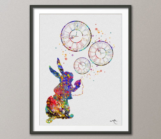 White Rabbit Late and Cloks Alice in Wonderland Watercolor Print Archival Fine Art Print Wall Decor Art Home Decor Wall Hanging [NO 158] - CocoMilla