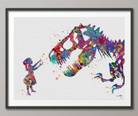 Girl and Dinosaur T-Rex Watercolor Art Print Curious Art Wall Decor Home Decor Geekery Nursery Decor For Kids Wall Hanging [NO 581] - CocoMilla