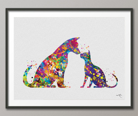 Cat and Dog Watercolor Print Pet Gift Pet Dog Love Friend Dog Friendship Gift Housewarming Gift Pet Wall Art Doglover Gift Veterinary-1636 - CocoMilla