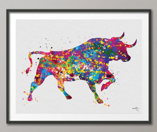 Bull Watercolor Print Office Decor Farm House Decor Business World Canvas Bull Wall Decor Wall Art Charging Bull Texas Wildlife Animal-1619 - CocoMilla