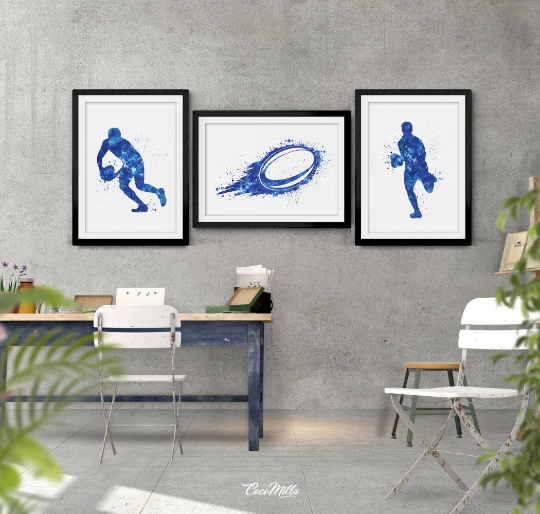 Rugby Player Set of 3 Watercolor Print Rugby Player Man Boy Sports Fan Gift Nursery Dorm Room Rugby Ball Poster Wall Art Wall Decor-1529 - CocoMilla