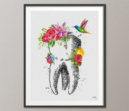 Floral Tooth Watercolor Print Tooth Flowers Anatomical Art Dental Clinic Decor Art Dentistry Office Medical Graduaiton Dentist Gift Art-1332 - CocoMilla