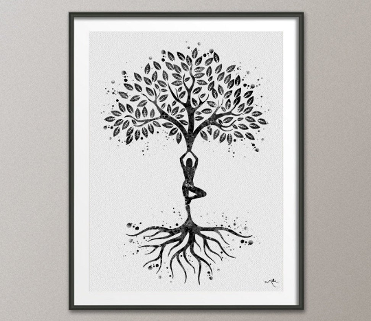 Yoga Tree Watercolor Print Black White Relaxation Wall Art Tree of Life Wedding Gift Yoga Print Yogi Yoga Studio Buddha Art Home Decor-342 - CocoMilla