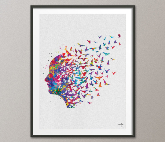 Free Mind Watercolor Print Flying Birds Painting Meditation Freedom Yoga Print Psychology Clinic Therapy Yoga Original Design Nirvana-1014 - CocoMilla