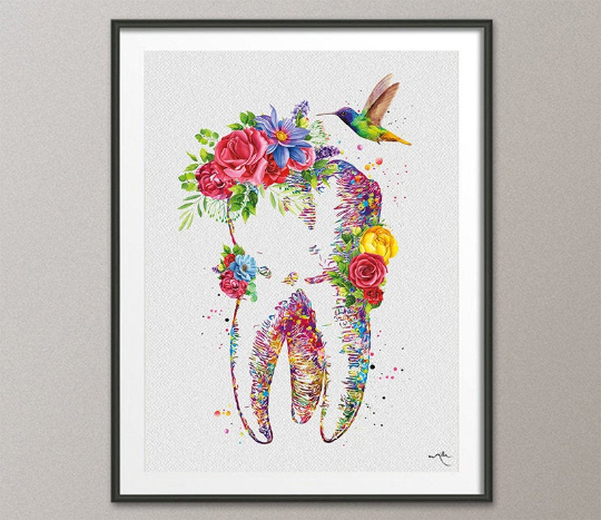 Floral Tooth Watercolor Print Tooth Flowers Anatomical Art Dental Clinic Decor Art Dentistry Office Medical Graduaiton Dentist Gift Art-1327 - CocoMilla
