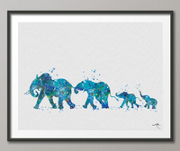 Elephants Family Mom Dad and Babys Blue Watercolor Print Wedding Gift idea Wall Art Wall Decor Home Decor Wall Hanging New born No 845 - CocoMilla