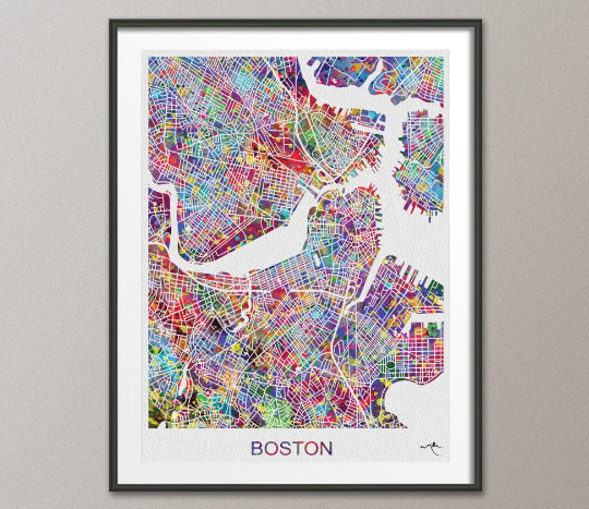 Boston Map, Boston Watercolor Print, Boston Street Map, Travel Decor, Map Art, Wall Hanging, Massachusetts Street Map, Boston Print-890 - CocoMilla