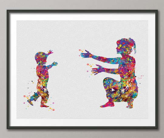 Toddler Boy with Mother Watercolor Print Son with Parent Love Mother and Children Mother and Kids New Mum Baby Shower Nursery Decor-1501 - CocoMilla