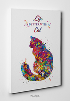 Cat Quote Life is better with a Cat Watercolor Print Cat Lover Wall Art Poster Wall Decor Cat Mom Home Decor Cat Painting Wall Hanging-1607 - CocoMilla