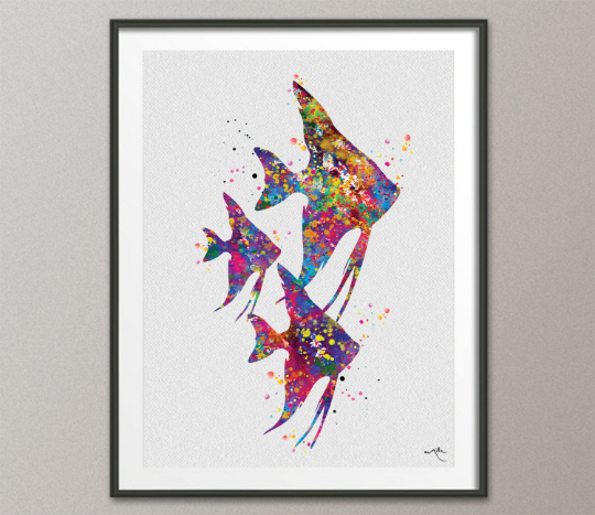 Angelfish Family Watercolor Print Dad Mom Kid Gift Sea Life Decor Coastal Print Sea Tropical Fish Aquarium Decor For Kids Home Decor-631 - CocoMilla