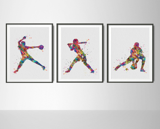 Baseball Player Watercolor Print Set Softball Player Pitcher Catcher Print Set Baseball Art Baseball Poster Gift Sport Art Wall Art-1052 - CocoMilla