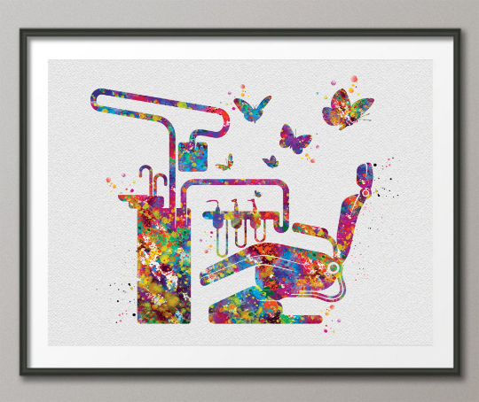 Dentist Chair and Butterfly Watercolor Print Dental Tools Tooth Medical Art Teeth Clinic Decor Gift Dentist Dentistry Office Wall Art-1402 - CocoMilla