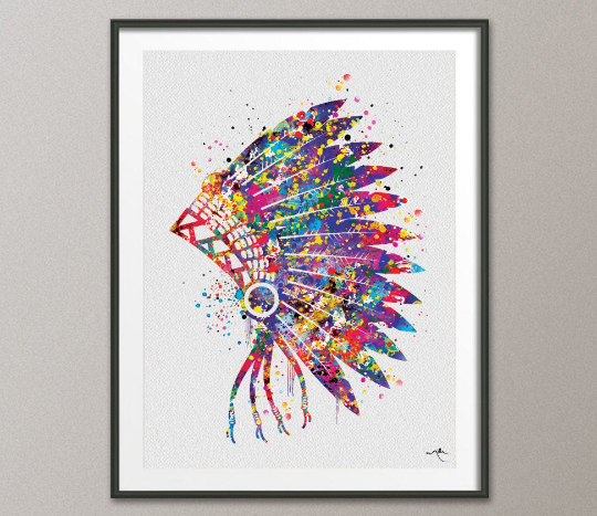 Native American Headdress Indian Art Watercolor Print Wedding Gift Fol CocoMilla