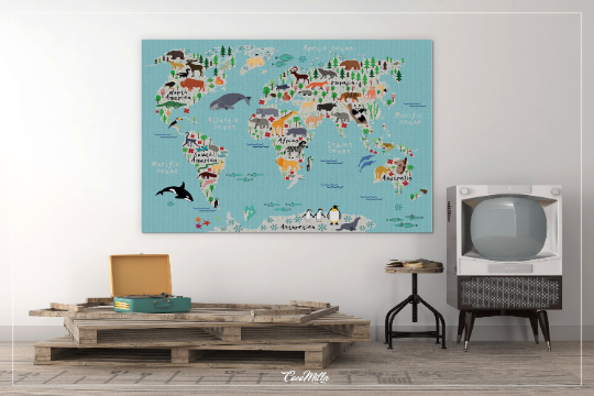 Animal World Map, Animal Map, Canvas Print, Kids World Map, For Kids, Dorm Room, Nursery Decor, Wall Art, Animal Print, World Map Animal-876 - CocoMilla