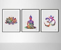 Yoga Watercolor Print Set Modern Home Decor Buddha Ohm Lotus Flower Symbol Set Wedding Gift Home Decor Wall Hanging [NO 520] - CocoMilla