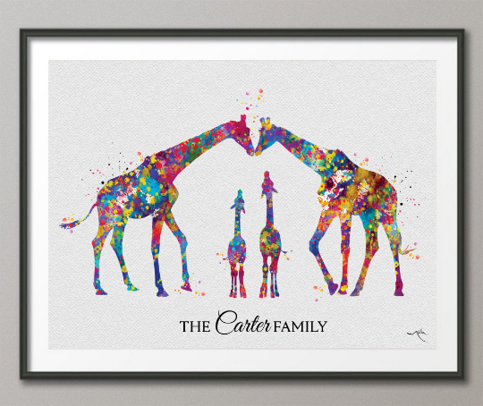 Giraffe Family Personalized Gift Watercolor Print Wedding Gift Family Wall Art Wall Decor Valentines Day Gift Home Decor Wall Hanging-1577 - CocoMilla