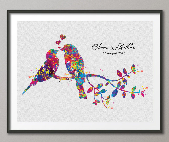 Bird Couple Watercolor Print Wedding Gift Family Wall Art Love Wall Decor Valentines Day Gift Personalized Gift Home Decor Wall Hanging-1574 - CocoMilla