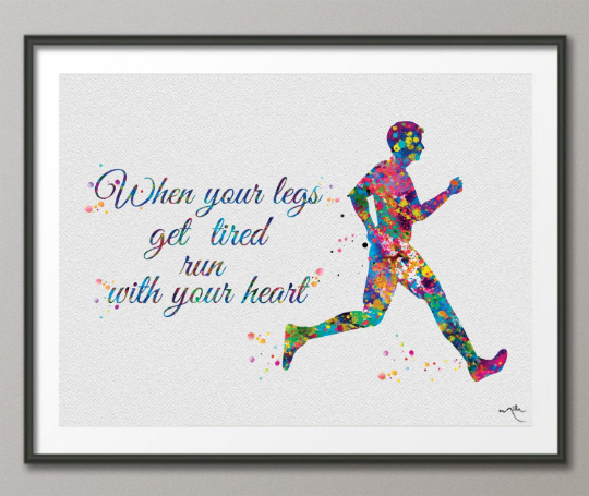 Runner Man Watercolor Print Runner Male Boy When your legs get tired run with your heart Quote Poster Sport running Marathon Gift Winner-648 - CocoMilla