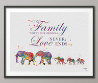 Elephants, Mom Dad and 3 Baby Family Quote Watercolor Print Wedding Gift Wall Art Wall Decor Art Home Decor Wall Hanging Baby Shower [NO844] - CocoMilla