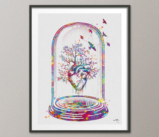 Heart Tree in Glass Dome Watercolor Print Anatomy Art Graduation Present Human Heart Cardiologist Gifts Medical Office Clinic Wall Art-150 - CocoMilla