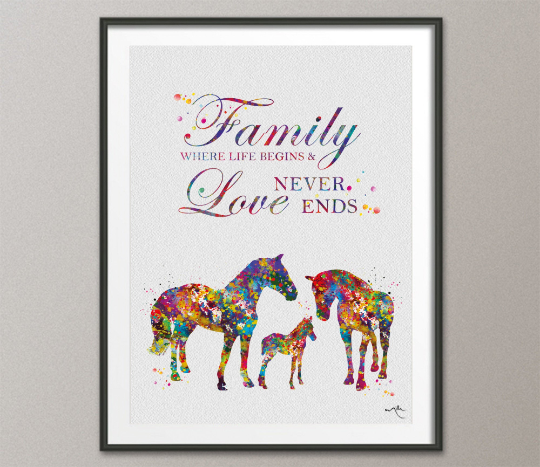 Horse Family Quote Watercolor Print Personelized Horse Lover Art Love Never Ends Nursery Decor Horse Gift Art Home Decor Horse Wall Art-1379 - CocoMilla