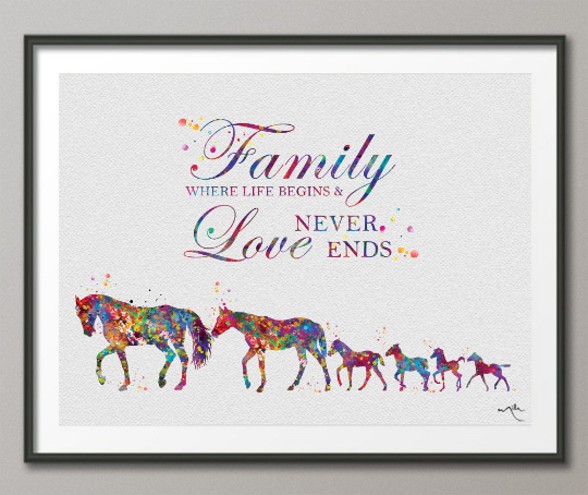 Horse Family Quote Watercolor Print Personelized Horse Lover Art Love Never Ends Nursery Decor Horse Gift Art Home Decor Horse Wall Art-1381 - CocoMilla