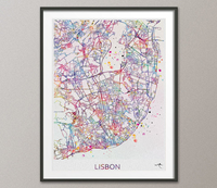 Lisbon City Map Print Watercolor Art Print Wall Art Portugal Lisbon Street Map Travel Wanderlust Decor Wall Hanging Map of Lisbon [NO 809] - CocoMilla