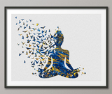 Yoga Art Woman and Birds Watercolor Print Free Mind Relaxation Studio Room Office House Nursery Decor Housewarming Gift Gold Wall Art-1479 - CocoMilla