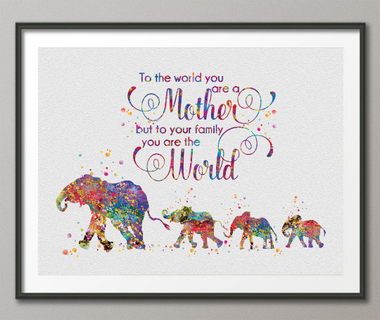 Elephants Watercolor Print Mom and 3 Baby Family MOM Quote Wedding Gift Wall Art Wall Decor Art Home Decor Wall Hanging Baby Shower-1423 - CocoMilla