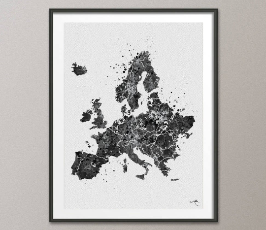 Map of Europe Black White Map Wall Art Watercolor Art Print Travel Art Wanderlust Wall Poster Wall Decor Wall Hanging Office Decor [NO 617] - CocoMilla