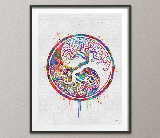 Yin Yang Tree of Life Watercolor Art Print Wall Art Poster Wedding Gift Celtic Tree Love Family Giclee Housewares Buddha Home Decor-1046 - CocoMilla