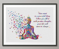 Yoga Woman with Birds Your Mind Life Quote Watercolor Print Studio Room Office House Nursery Decor Housewarming Motivational Wall Art-1476 - CocoMilla