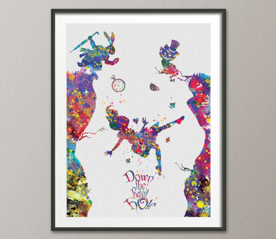 Alice down the rabbit hole 2 Alice in Wonderland Watercolor Print Nursery Wall Art for Kids Home Decor Wall Hanging Kids Wall Decor [NO 848] - CocoMilla