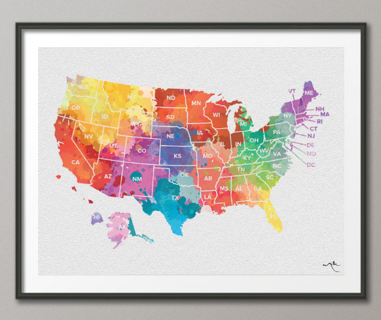 United States Map Print, USA Map, Watercolor United States Map, America Map, Travel Map, Wanderlust, Wall Decor, Home Decor, Map Art-1075 - CocoMilla