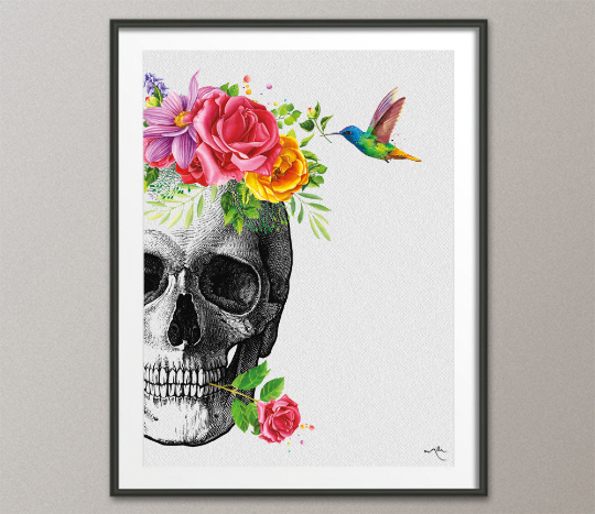 Skull Flowers and Bird Watercolor Print Medical Art Science Art Floral Anatomy with Neurology Human Skull Dental Tooth Skeleton Gift-1355 - CocoMilla