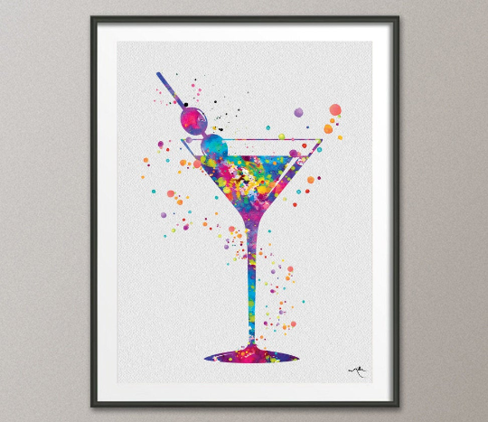 Martini Glass Cocktail Glass Drink Watercolor Print Bar Celebretion Wedding Gift Drinks Home Party House Warming Kitchen Cafe Bar Decor-728 - CocoMilla