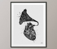 Heart Gramaphone Music Love Heart Anatomy Watercolor Print Cardiology Decor Medical Print Record Player Geek Nerd Doctor Wall Hanging-982 - CocoMilla