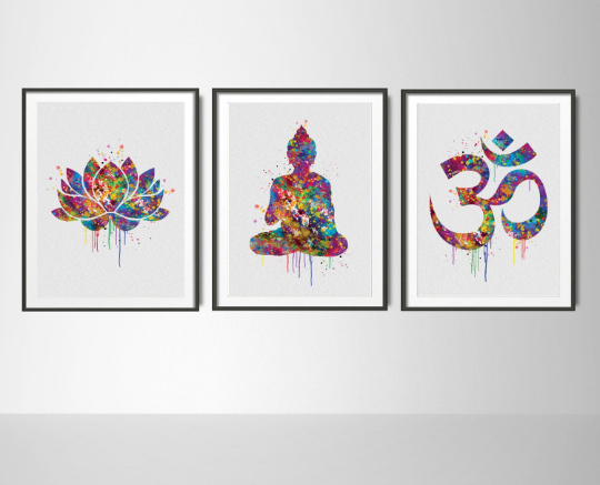 Yoga Art Watercolor Print Set Modern Home Decor Buddha Ohm Lotus Flower Symbol Set Yoga Studio Decor Home Decor Wall Hanging Yogi Gift-1192 - CocoMilla