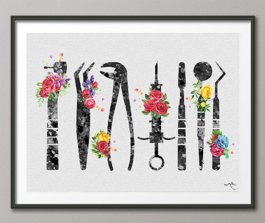 Dentist Tools Floral Watercolor Print Tooth Flowers Medical Art Surgeon Dental Clinic Decor Gift Dentistry Office Decor Graduaiton Gift-1340 - CocoMilla