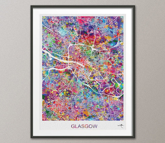 Glasgow Map Print, Watercolor Art Print, Glasgow Street Map, Travel Decor, Wanderlust, Map Art, Wall Hanging, Scotland Street Map-885 - CocoMilla