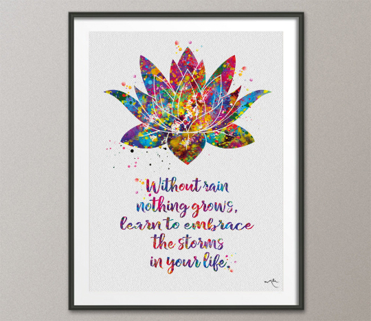 Lotus Quote Watercolor Print Rain Quote Gift Poster Yoga Studio Relaxation Housewarming Inspirational Wall Art Motivational Quote Art-1513 - CocoMilla