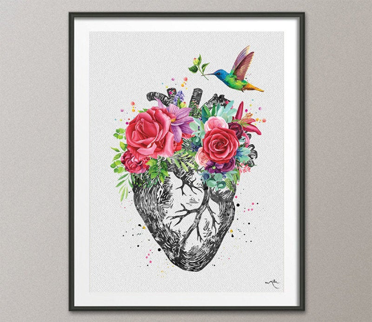 Heart Anatomy Floral Watercolor Print Cardiology Decor Medical Art Print Office Decoration Flowers Heart Doctor Print Nerd Wall Hanging-1333 - CocoMilla