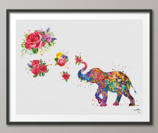 Elephant with Flowers Art Print Watercolor Print Wedding Gift Floral Art Wall Art Nursery Wall Decor Family Art Home Decor Wall Hanging-1348 - CocoMilla