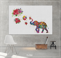 Elephant with Flowers Art Print Watercolor Print Wedding Gift Floral Art Wall Art Nursery Wall Decor Family Art Home Decor Wall Hanging-1348 - CocoMilla